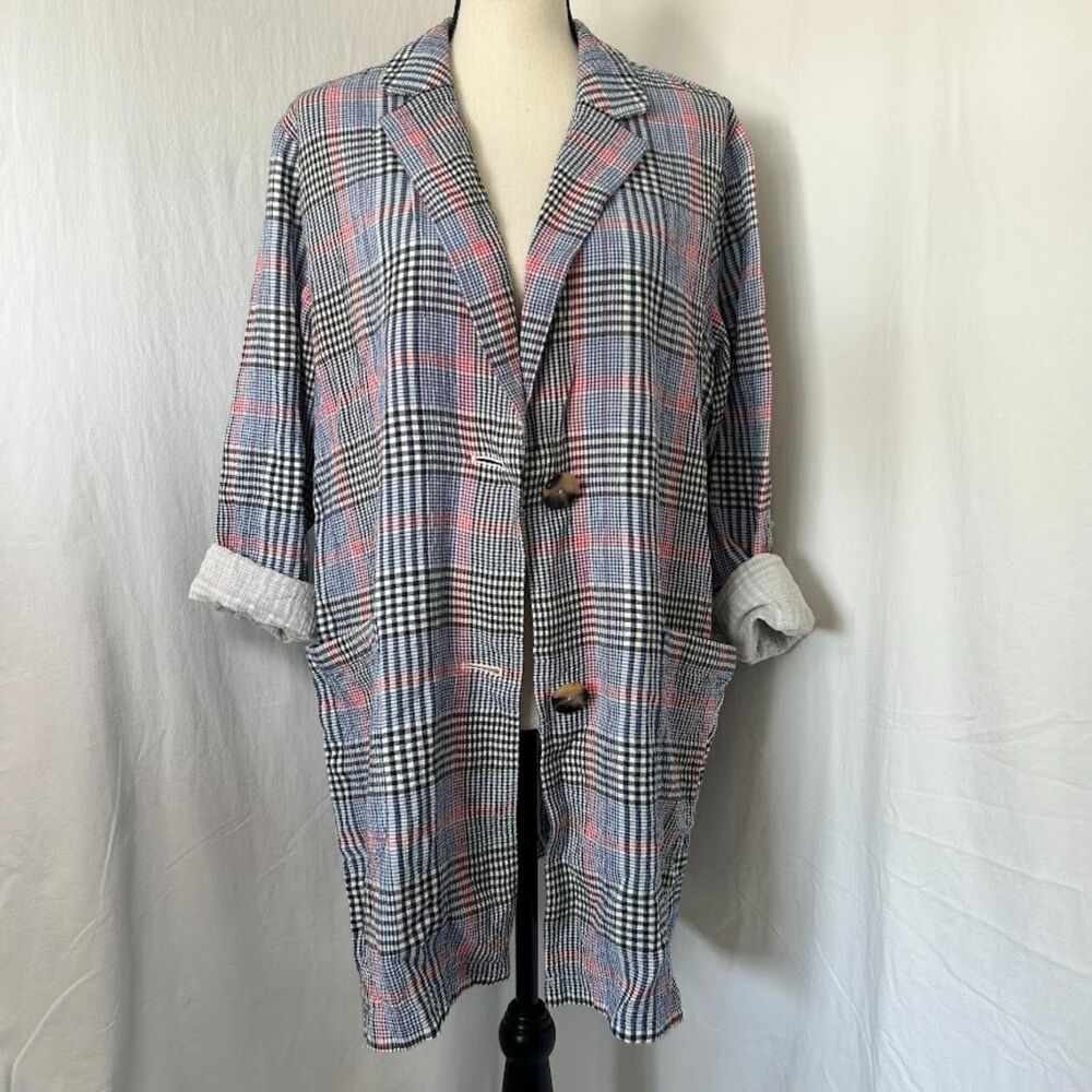 NWT J Jill Barley Relaxed Multi Blue Plaid Cotton Seersucker Boyfriend Blazer M